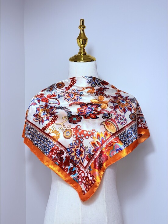 Accessories - Women's Square Scarf Floral Flower Print Orange White Blue Red